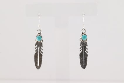Native America Navajo Sterling Silver Turquoise Feather Dangling Earring's By Sharon McCarthy.
