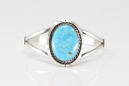 Native America Navajo Sterling Silver Kingman Turquoise Bracelet Cuff By Augustine Largo.