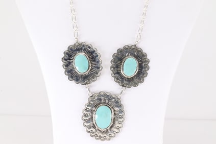 Native America Navajo Sterling Silver Turquoise Necklace By Arlene Lewis.