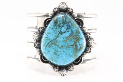 Native America Navajo Sterling Silver Kingman Turquoise Bracelet Cuff By Chimney Butte.