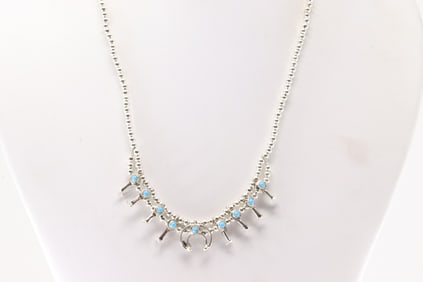Native America Navajo Sterling Silver Turquoise Baby Squash Necklace By V.N.R.