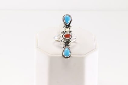 Native America Navajo Sterling Silver Coral & Turquoise Ring By Jerryson Henio.