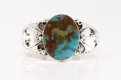 Native America Navajo Sterling Silver Turquoise Bracelet Leaf Cuff By Gilbert Smith.