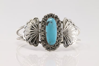 Native American Navajo Sterling Silver Turquoise Bracelet Cuff By Angie Platero.