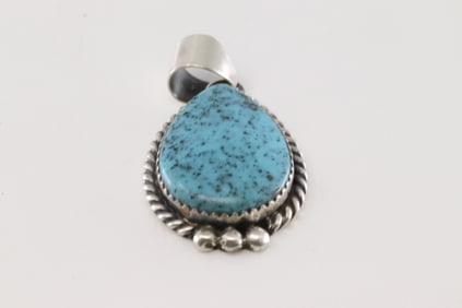 Native American Navajo Sterling Silver Kingman Turquoise Pendant By Freda Martinez.