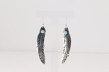 Native America Navajo Sterling Silver Turquoise Feather Dangling Earring's By T&R Singer.