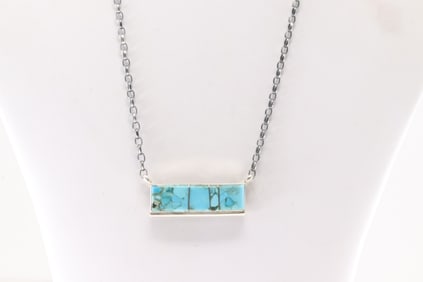 Native America Navajo Sterling Silver Kingman Turquoise Inlay Necklace By Steve Francisco.