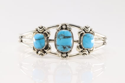 Native American Navajo Sterling Silver Turquoise Bracelet 3 Stone Cuff By R.B.