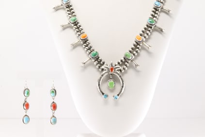Native America Navajo Sterling Silver Multi-Color Stone Squash Blossom Necklace & Earring's Set By