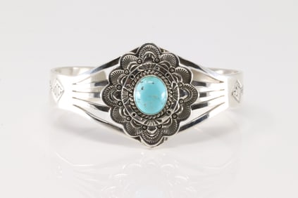 Native America Navajo Sterling Silver Turquoise Bracelet Cuff By Eula Wylie.
