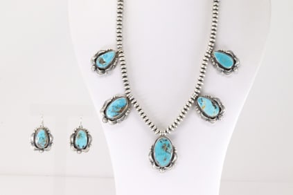 Native America Navajo Sterling Silver Kingman Turquoise Necklace & Earring's Set By T.F.