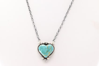 Native America Navajo Sterling Silver Kingman Turquoise Heart Necklace By Donovan Skeets.