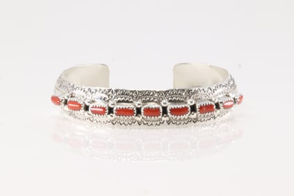 Native America Navajo Sterling Silver Coral Bracelet Cuff By Grace Silver.