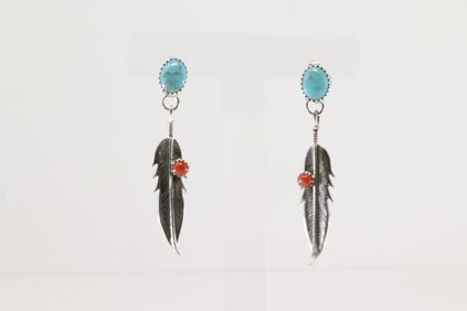 Native America Navajo Sterling Silver Coral & Turquoise Post / Dangling Earring's By Sharon