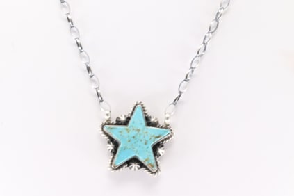 Native America Navajo Sterling Silver Kingman Turquoise Star Necklace By Donovan Skeets.