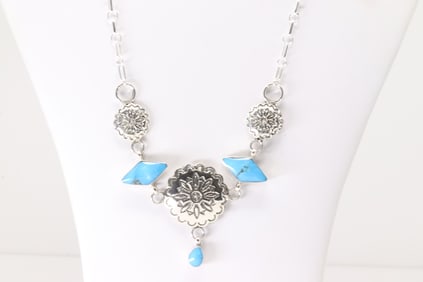 Native America Navajo Sterling Silver Turquoise Necklace By Gwendolyn Burnside.
