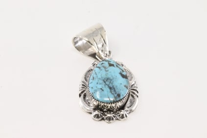 Native America Navajo Sterling Silver Turquoise Pendant By Leroy Silversmith.