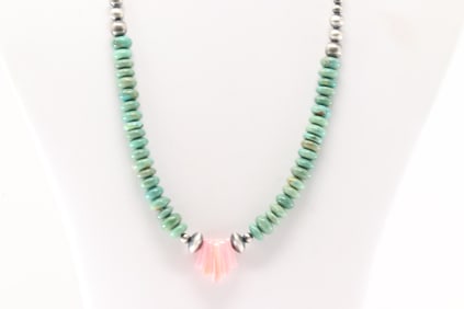 Native America Navajo Sterling Silver Pink Conch Sheel & Turquoise Necklace.