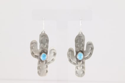 Native America Navajo Sterling Silver Turquoise Cactus Dangling Earring's By Aaron Davis.