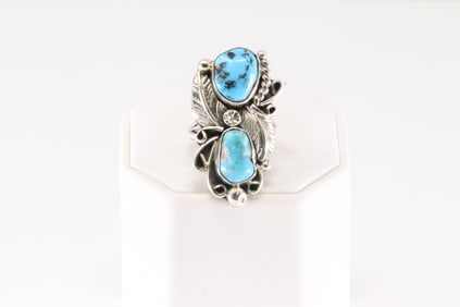 Native America Navajo Sterling Silver Turquoise Ring Leaf Design By H.Y.