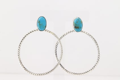 Native America Navajo Sterling Silver Turquoise Hoop Earring's By Verley Betone.