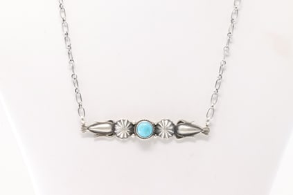 Native America Navajo Sterling Silver Turquoise Necklace By Marita Benally.