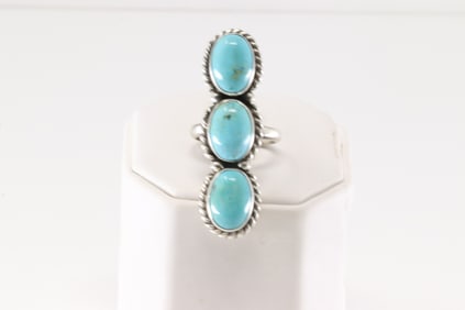 Native America Navajo Sterling Silver Turquoise Ring 3 Stone By Eugene Belone.