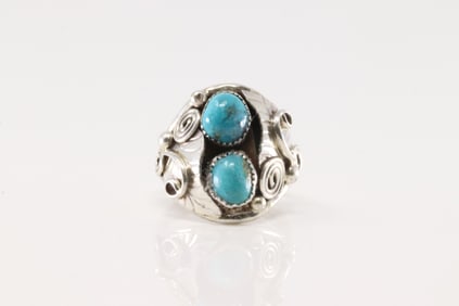 Native America Navajo Sterling Silver Turquoise Ring 2 Stone By B.