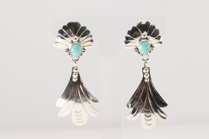 Native America Navajo Sterling Silver Turquoise Post / Dangling Earring's By Genevieve Francisco.