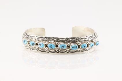 Native America Navajo Sterling Silver Turquoise Bracelet Cuff By Grace Silver.