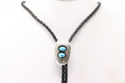 Native American Navajo Sterling Silver Turquoise Bolo Necklace By Shirley Skeets.