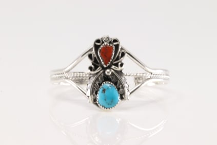 Native America Navajo Sterling Silver Coral & Turquoise Bracelet Cuff By Harry B.Yazzie.