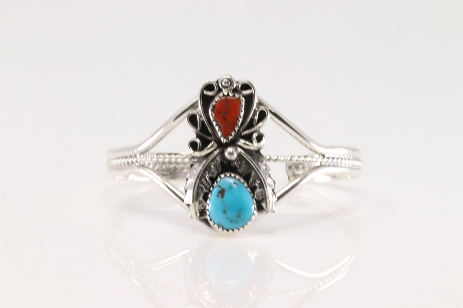 Native America Navajo Sterling Silver Coral & Turquoise Bracelet Cuff By Harry B.Yazzie.: This is a Native America Navajo Sterling Silver Coral & Turquoise Bracelet Cuff By Harry B.Yazzie.