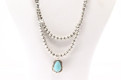 Native America Navajo Sterling Silver Double Strand Turquoise Necklace By Lucinda Sardo.
