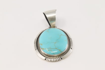 Native America Navajo Sterling Silver Kingman Turquoise Pendant By Alfred Martinez.