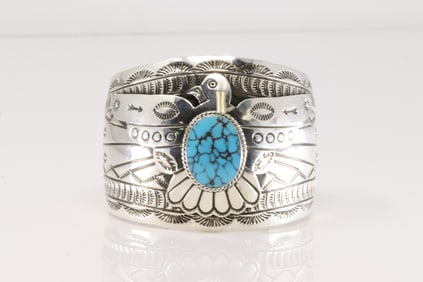 Native America Navajo Sterling Silver Turquoise Thunderbird Bracelet Cuff By E.Bahe.