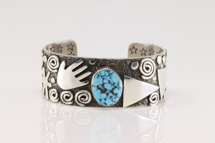 Native America Navajo Sterling Silver Kingman Turquoise Petroglyph Bracelet Cuff By Alex Sanchez.