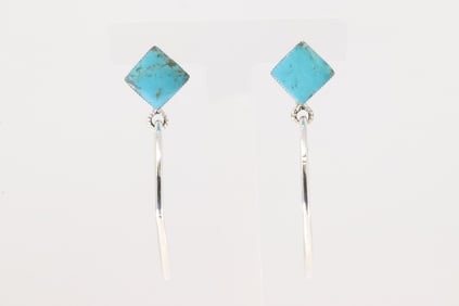 Native America Navajo Sterling Silver Turquoise Hoop Earring's Post / Dangling By Ryntanna Yazzie.