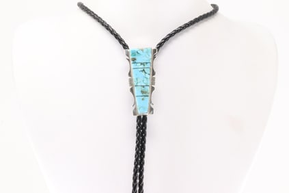 Native America Navajo Sterling Silver Turquoise Inlay Bolo Necklace By Steve Francisco.