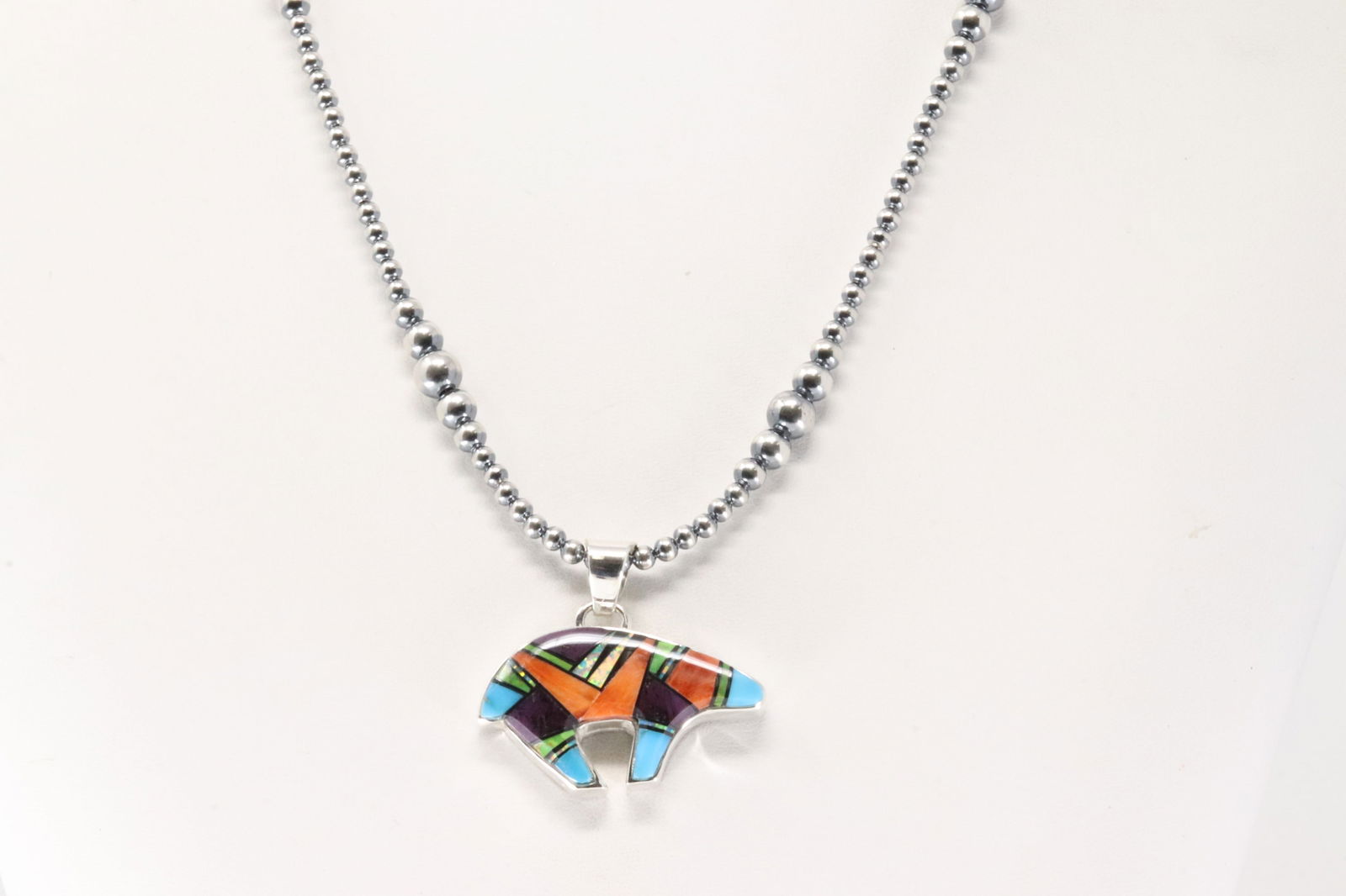 Native America Navajo Sterling Silver Multi-Color Stone Inlay Bear Pendant with Pearl Beaded (1 of 4)