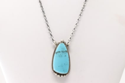 Native America Navajo Sterling Silver Campitos Turquoise Necklace By Elouise Kee.