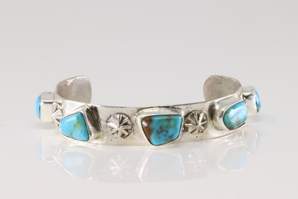 Native America Zuni Sterling Silver Kingman Turquoise Bracelet Cuff By Jude Candelaria.