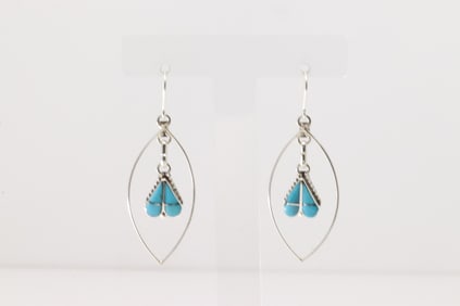 Native American Zuni Sterling Silver Turquoise Heart Inlay Dangling Earring's By Velda Nastacio.