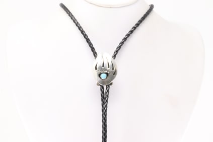 Native America Navajo Sterling Silver Bear Paw Turquoise Bolo Necklace By Ervin Begay.