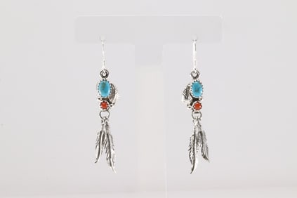 Native America Navajo Sterling Silver Coral & Turquoise Dangling Earring's By Rita Largo.
