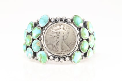 Native America Navajo Sterling Silver Sonora Gold Turquoise & Liberty Half Dollar Coin Bracelet Cuff