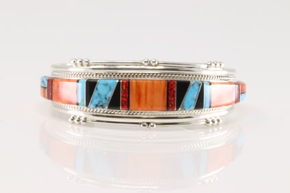 Native America Navajo Sterling Silver Multi-Color Stone Inlay Bracelet Cuff By J.Douglas.
