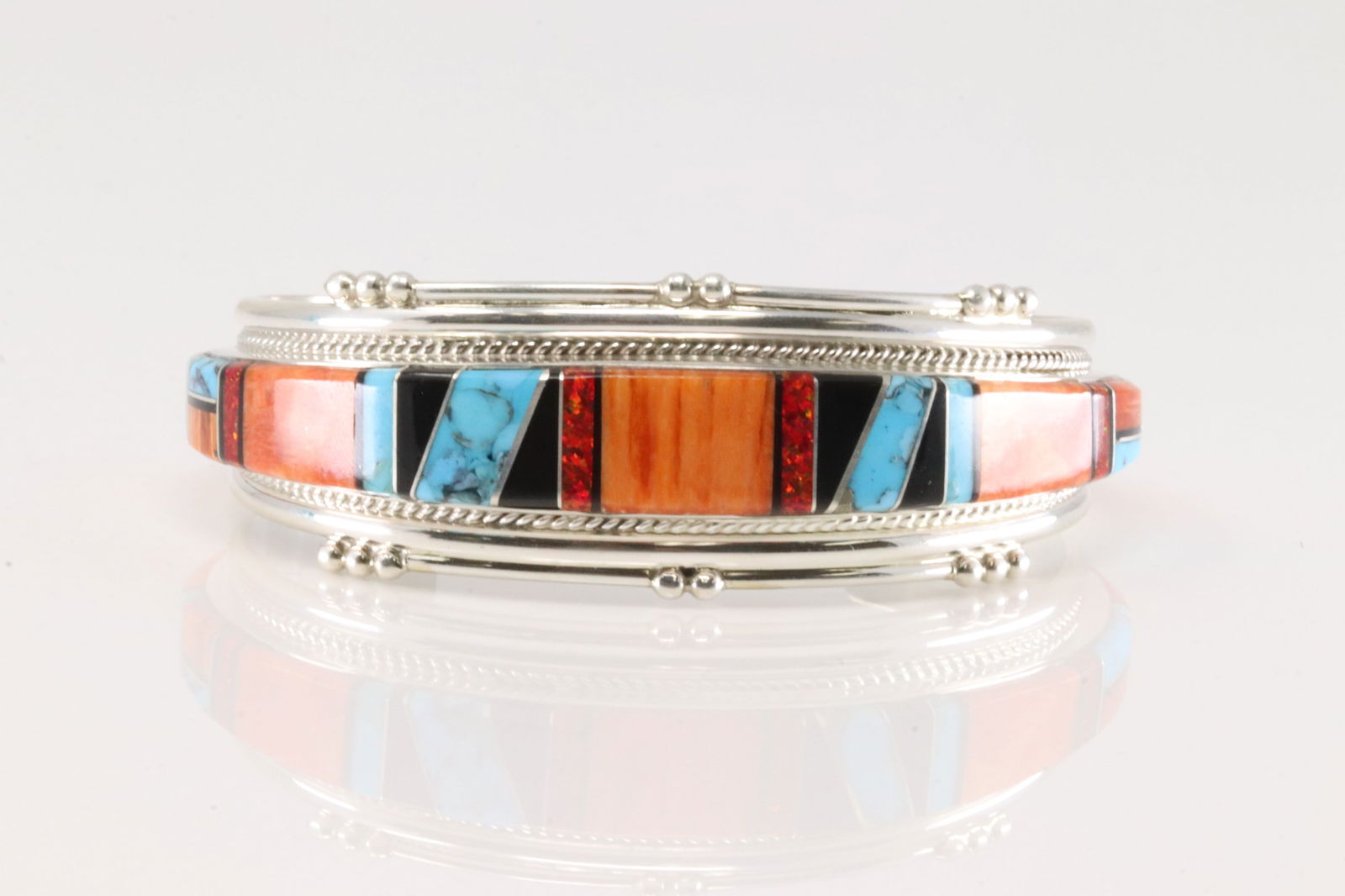 Native America Navajo Sterling Silver Multi-Color Stone Inlay Bracelet Cuff By J.Douglas. (1 of 4)