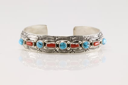 Native America Navajo Sterling Silver Coral & Turquoise Bracelet Cuff By Grace Silver.