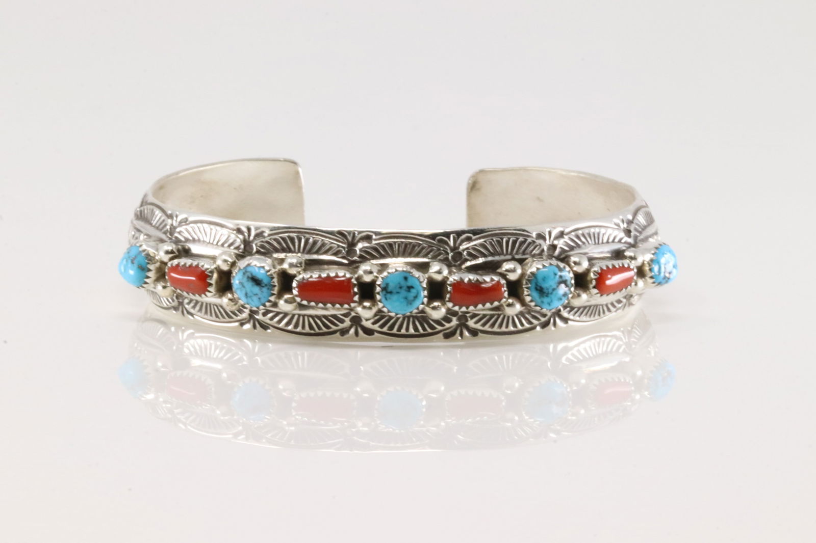 Native America Navajo Sterling Silver Coral & Turquoise Bracelet Cuff By Grace Silver.: This is a Native America Navajo Sterling Silver Coral & Turquoise Bracelet Cuff By Grace Silver.